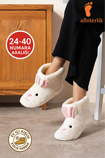 AlbiShoes Çocuk Yetişkin Tavşan Figür Ev Botu Panduf Anne Çocuk Peluş Rahat Sessiz Taban Ev Ayakkabı