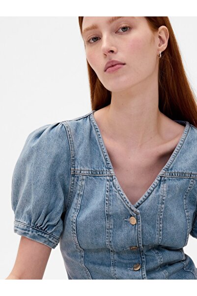 GAP Kadın Mavi Denim Puff-Sleeve Seamed Üst