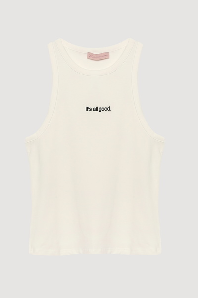 Quzu Text Printed Halter Neck Tank Top Ecru