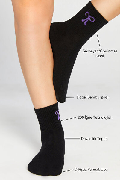 bamboo star Bamboo Women's Black Tennis College Bow Patterned Premium Seamless Black Socks 3-Pack