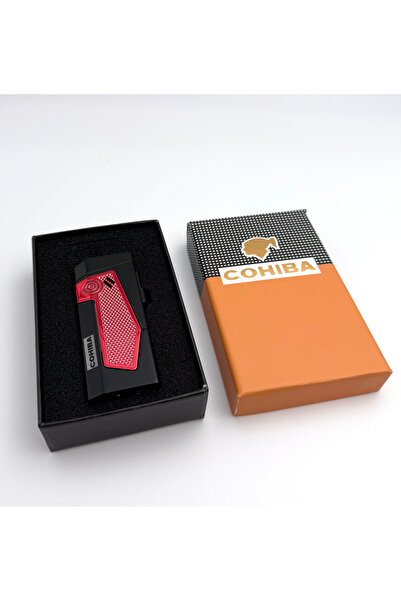COHİBA Jet Alevli 4 Torch Puro Patron Çakmak Siyah-Kırmızı