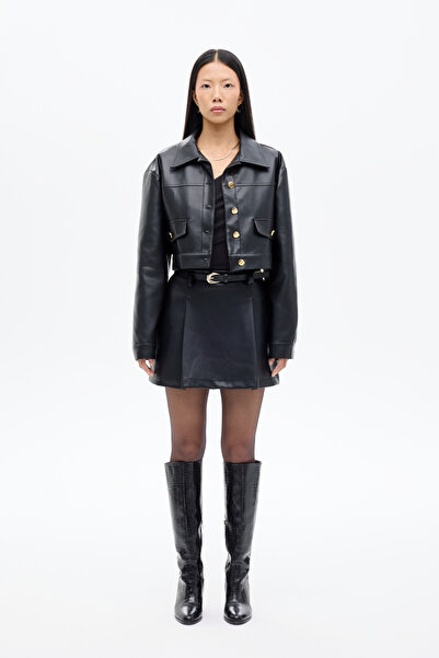 Quzu Δερμάτινο μπουφάν με διπλή τσέπη με κουμπιά, μαύρο