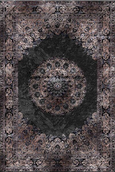 kilim home Eskitme Siyah Desenli Yıkanabilir Kaymaz Tabanlı Salon Halısı, Kor...