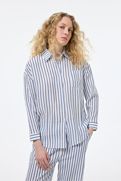 Quzu Renkli Çizgili Cep Detaylı Gömlek Ekru