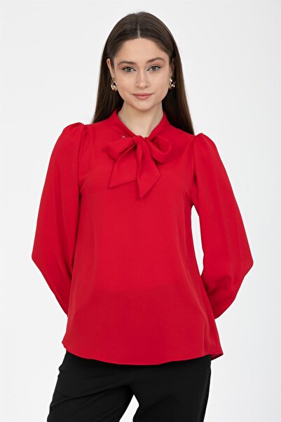 LOVELF Büzgü Kol Fularlı Gömlek Kırmızı