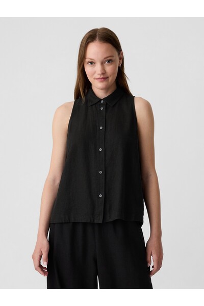 GAP Kadın Siyah Keten Karışımlı Crop Gömlek