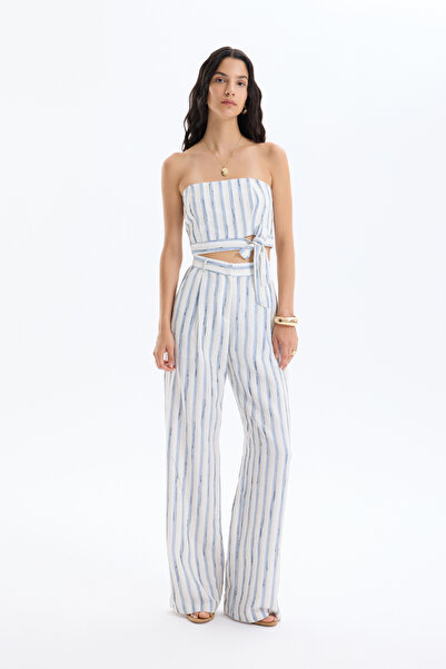 Quzu Çizgili Bağlamalı Straplez Keten Bluz Mavi