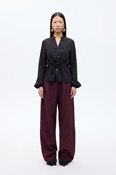 Quzu Cămașă cu nasturi și șireturi în talie cu textura șifonată, neagră