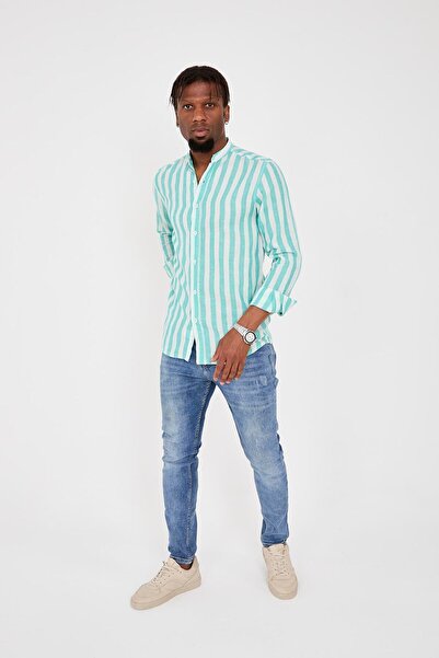 jack carisma Turquoise-White-High Collar 100% Cotton Etamine Stripe Slim Fit ...