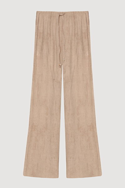 Quzu Beli Lastikli Desenli Bol Paça Pantolon Bej