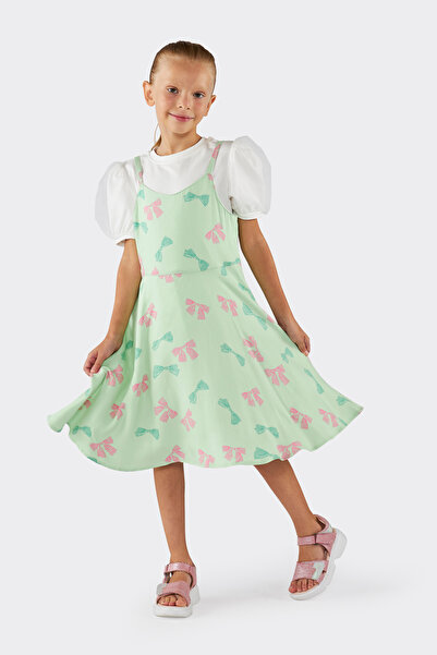 Panço Kız Çocuk Desenli İki Parçalı Mint Elbise