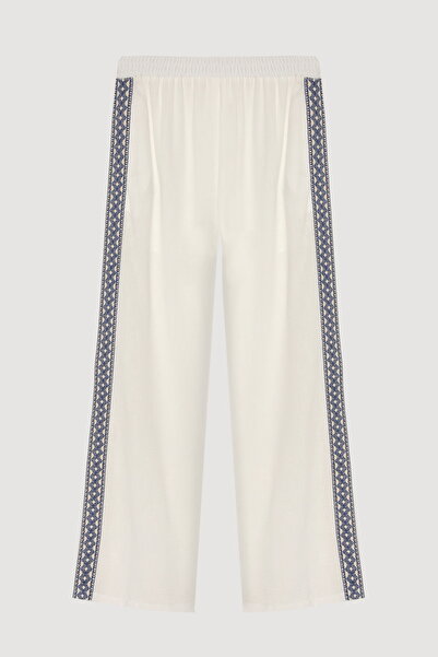 Quzu Штани з еластичним поясом, широкими штанинами та вишивкою у вигляді смужок, екрю