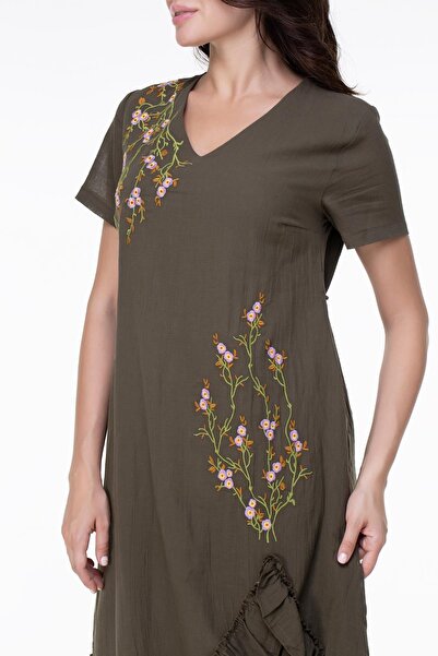 Eliş Şile Bezi Short Sleeve Voile Candan Midi Length Spring Branch Summer Authentic Dress Khaki Hk