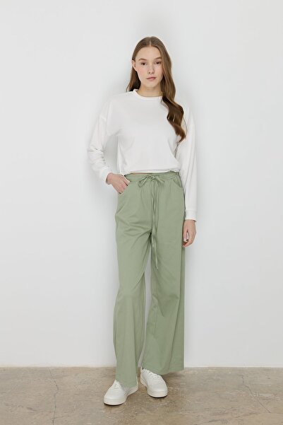Nihan Beli Lastikli Bol Paça Kanvas Denim Pantolon Yeşil
