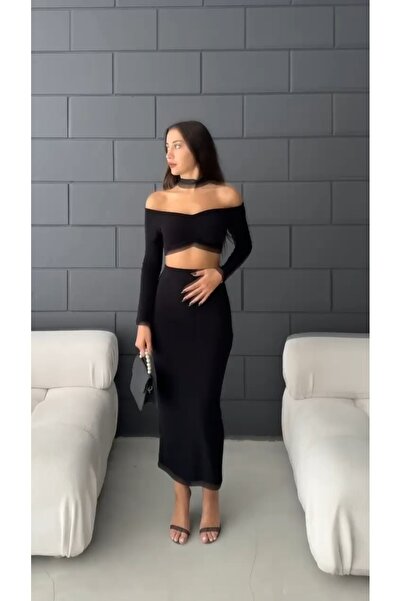 Fav Style Black Crop Blouse and Long Skirt Boat Neck Set - Gathered, Long Sleeve