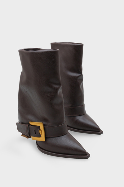 LOJO Kadın Sivri Burun Kemer Tokalı Topuklu Günlük Bot Hatiy Kahve