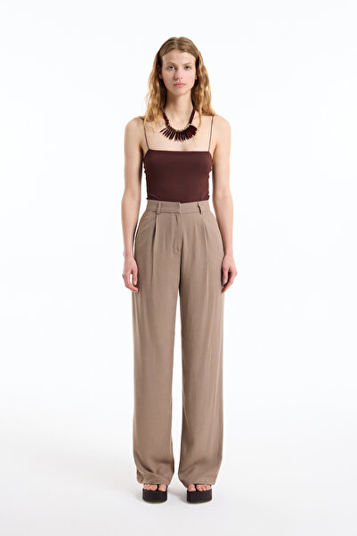 Quzu Pantalone palazzo od platna visokog struka, smeđe