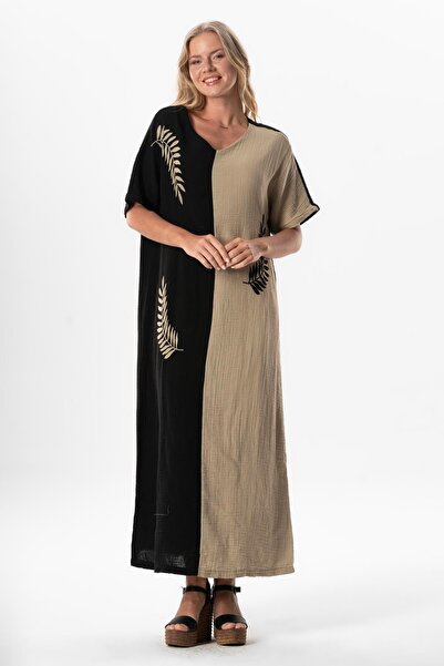 Eliş Şile Bezi Half Sleeve V-Neck Leaf Printed Long Muslin Summer Dress Black...
