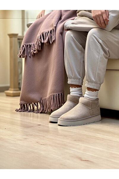 Ayakkabı Delisiyim Bağcıksız Içi Yünlü Kalın Tabanlı Bej Heribo Kadın Bot