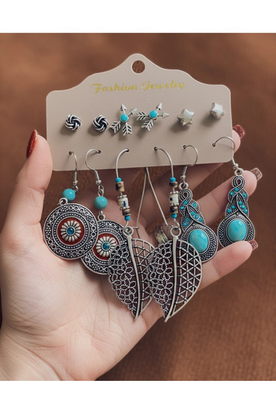 6 çift etnik yuvarlak ok damla turkuaz yaprak düş kapanı çoklu halka sallantılı küpe seti