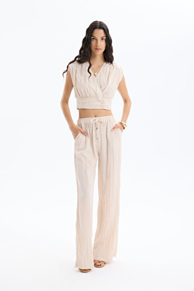 Quzu Kırışık Görünümlü Beli Lastikli Pantolon Bej
