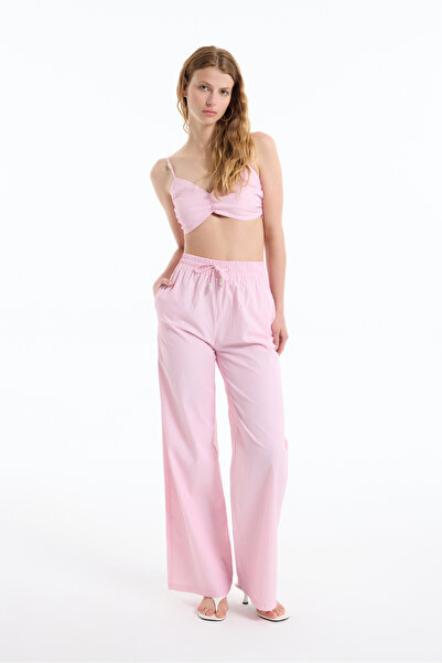 Quzu Beli Lastikli İnce Çizgili Geniş Paça Pantolon Pembe