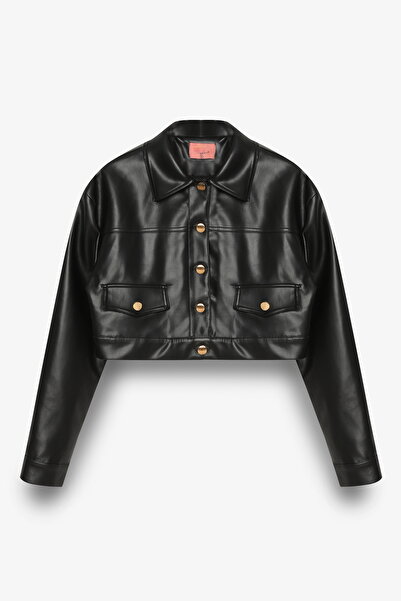Quzu Double Pocket Buttoned Crop Leather Jacket Black