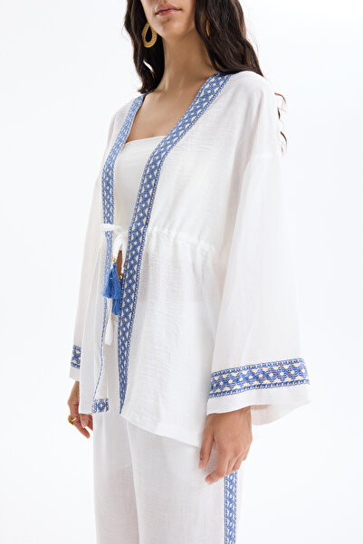 Quzu Stripe Embroidery Detailed Tie Waist Kimono Ecru