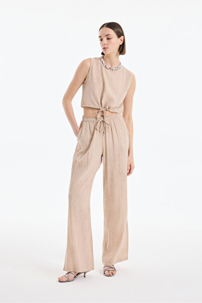 Quzu Beli Lastikli Desenli Bol Paça Pantolon Bej