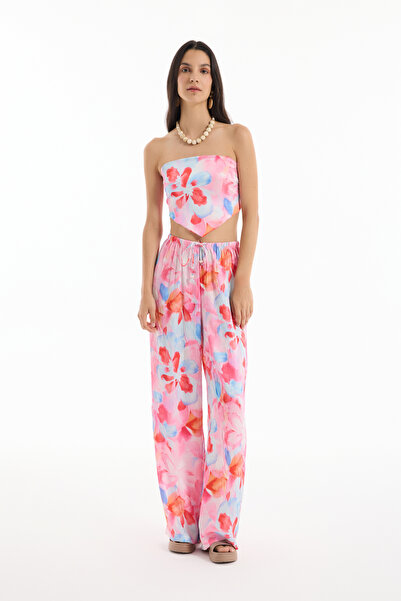 Quzu Floral Patterned Wide Leg Trousers Pink
