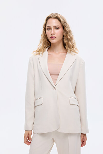 Quzu One Button Soft Textured Oversize Blazer Jacket Beige