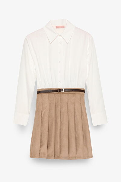 Quzu Süet Etek Garnili Kemer Aksesuarlı Mini Elbise Bej