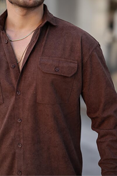 Valiberta Мъжка кадифена риза с двоен джоб, тънка оребрена - кафява