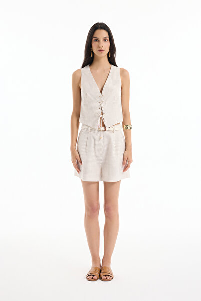 Quzu Örgü Kemerli İnce Çizgili Keten Mini Şort Naturel