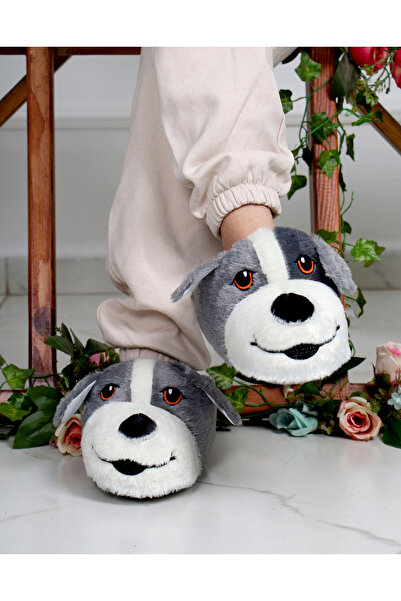 Phirus Unisex Köpek Figürlü Sevimli Peluş Panduf – Gri | Rahat, Sessiz ve Kay...