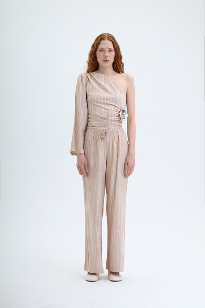 Quzu Beli Lastikli Bol Paça Dokulu Pantolon Bej