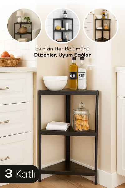 Vienev Köşe Tipi 3 Katlı Çok Amaçlı Mutfak ve Banyo Rafı Siyah
