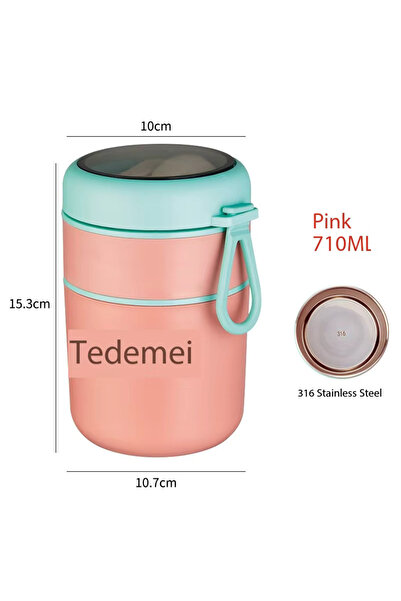 Tantitoni TANTİTONİ PEMBE PASLANMAZ ÇELİK YUVARLAK 2 KATLI PEMBE-YEŞİL PLASTİK KAŞIKLI YEMEK TAŞIMA KABI 710ML