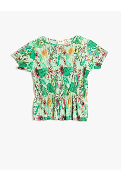 Koton Флорална тениска с вратовръзка на талията, къс ръкав и кръгло деколте