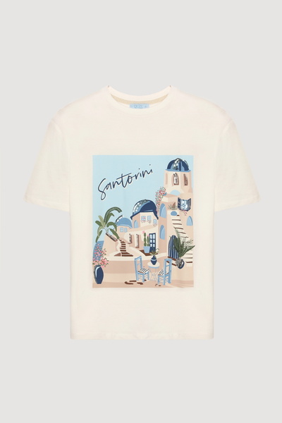 Quzu Μπλουζάκι με κοντομάνικο εκτύπωση Santorini εκρού