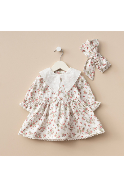 Minimus Newborn Baby Girl Daisy Cotton Dress Triangle Collar Guipure Woven Baby Dress Set with Hairband