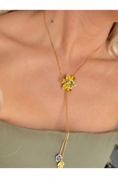 YOUES JEWELRY Çelik Idyllia Kolye Çiçek Asansörlü Y Kolye Sarı Gold
