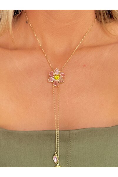 YOUES JEWELRY Çelik Idyllia Kolye Çiçek Asansörlü Y Kolye Pembe Gold