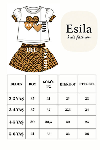 ESİLA KİDS Girl's Leopard Print 2-Piece Set Heart Print Balloon Sleeve T-Shirt and Ruffled Skirt 3-6 Years