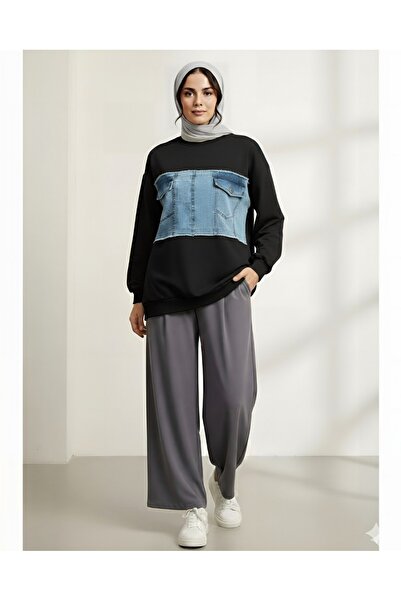 Modamorfo Round Neck Sweatshirt with Denim Pocket Detail on the Front - Black