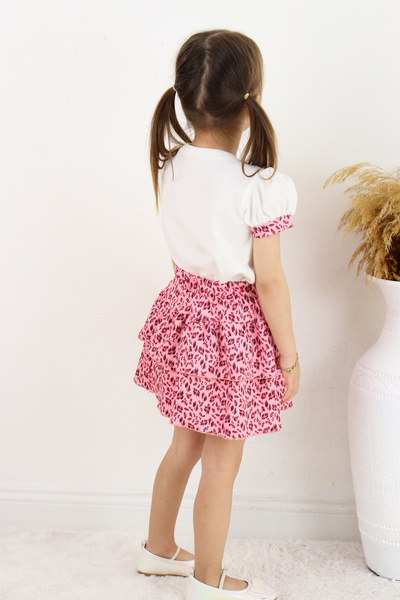 ESİLA KİDS Girl's Leopard Print 2-Piece Set Heart Print Balloon Sleeve T-Shirt and Ruffled Skirt 3-6 Years