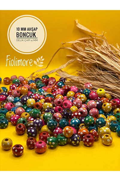 Fiolimore 10 Mm Çiçek Puantiye Desenli Ahşap Boncuk (25 GRAM 75 ADET) Delik Ç...