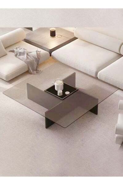 Raffine طاولة قهوة عصرية بسيطة بسطح زجاجي وإطار خشبي هندسي 70x70x30 سم