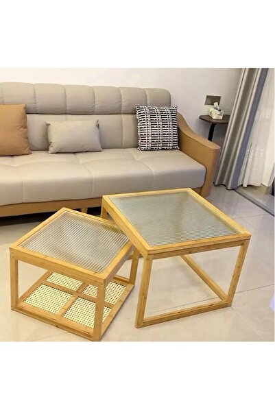 Raffine Set Of 2 Classic Mid Century Design Coffee Bamboo Table with Storage Base Glass Top Serving Table
