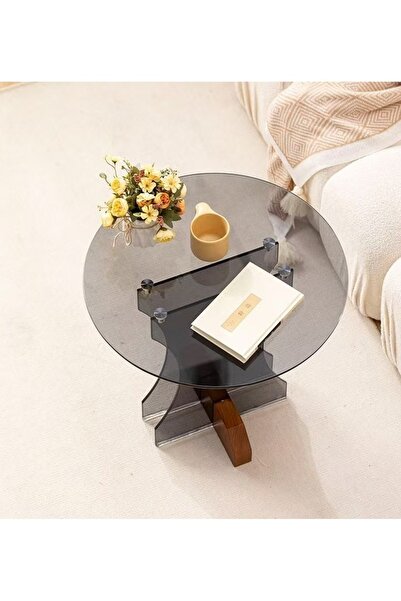 Raffine Multipurpose Use Modern Design Tempered Glass Coffee Table Solid Wood Base Side Table Round Tabletop